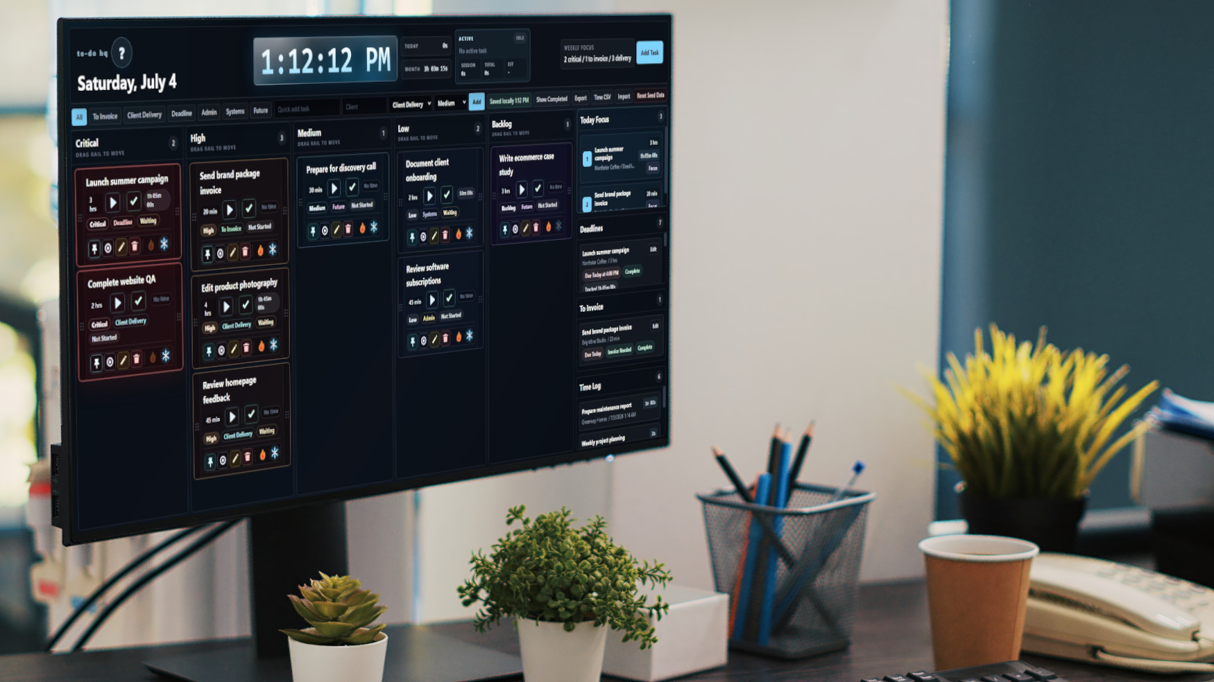 TodoHQ personal task dashboard displayed on an office monitor